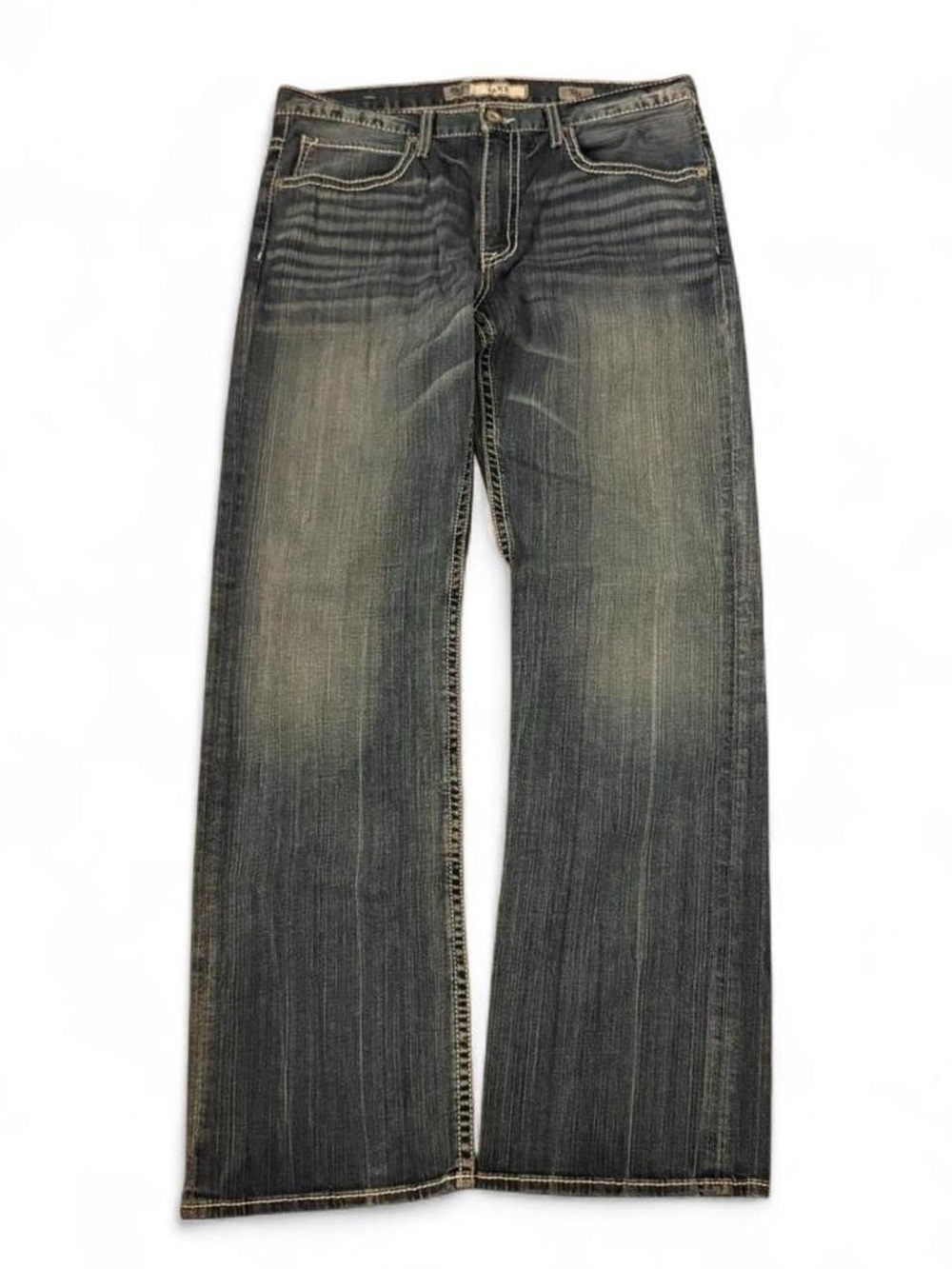 BKE Jake Jeans Men 36x34 Blue Straight Whisker Thick Stitch Denim Western Boot